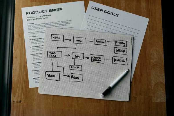 Workflow diagram, product brief, and user goals laid out on a desk — the kind of strategic thinking PM behavioral interviews evaluate